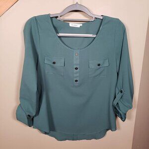Like New Blu Pepper Scoop Neck Double Pocket Teal Blouse Small